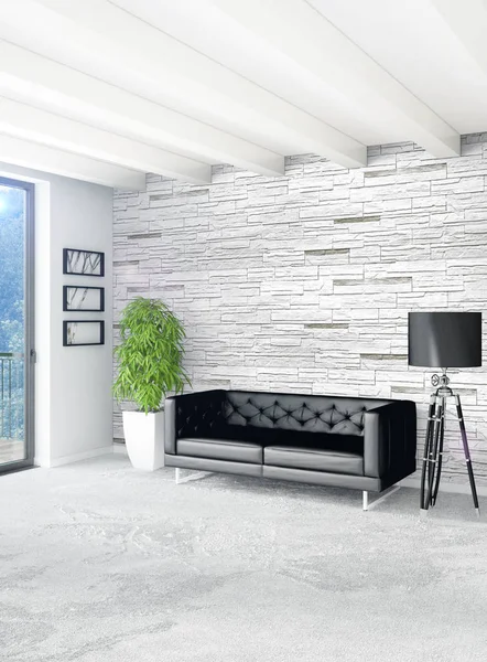 Beyaz yatak odası en az stil iç tasarım ahşap duvar ve gri Kanepeli. 3D render. 3D çizim