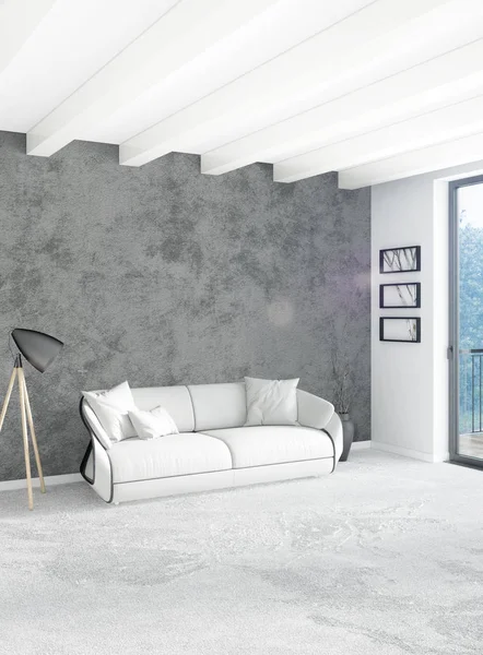 Beyaz yatak odası en az stil iç tasarım ahşap duvar ve gri Kanepeli. 3D render. 3D çizim