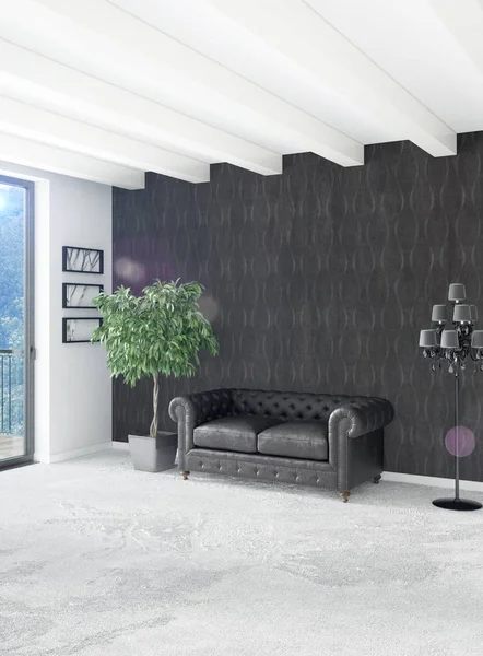 Beyaz yatak odası en az stil iç tasarım ahşap duvar ve gri Kanepeli. 3D render. 3D çizim