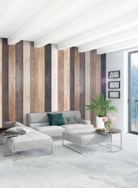 Beyaz yatak odası en az stil iç tasarım ahşap duvar ve gri Kanepeli. 3D render. 3D çizim