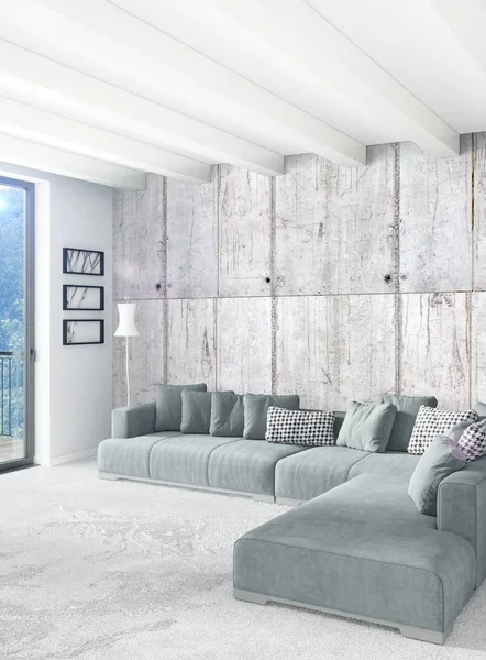 Beyaz yatak odası en az stil iç tasarım ahşap duvar ve gri Kanepeli. 3D render. 3D çizim