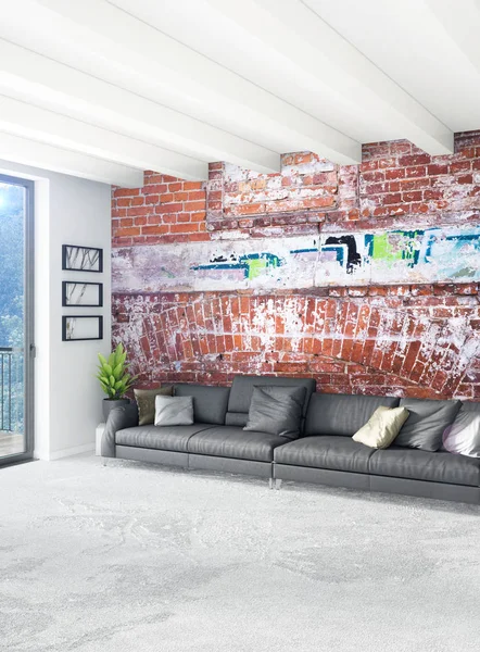 Beyaz yatak odası en az stil iç tasarım ahşap duvar ve gri Kanepeli. 3D render. 3D çizim