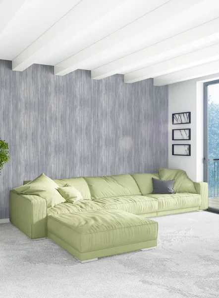 Beyaz yatak odası en az stil iç tasarım ahşap duvar ve gri Kanepeli. 3D render. 3D çizim