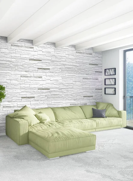 Beyaz yatak odası en az stil iç tasarım ahşap duvar ve gri Kanepeli. 3D render. 3D çizim