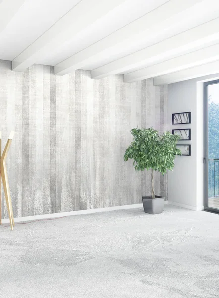 Beyaz yatak odası en az stil iç tasarım ahşap duvar ve gri Kanepeli. 3D render. 3D çizim