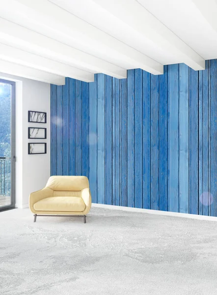 Beyaz yatak odası en az stil iç tasarım ahşap duvar ve gri Kanepeli. 3D render. 3D çizim