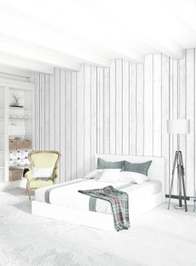 Beyaz yatak odası en az stil iç tasarım ahşap duvar ve gri Kanepeli. 3D render. 3D çizim