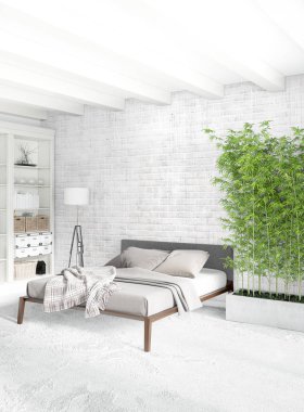 Beyaz yatak odası en az stil iç tasarım ahşap duvar ve gri Kanepeli. 3D render. 3D çizim