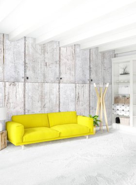 Beyaz yatak odası en az stil iç tasarım ahşap duvar ve gri Kanepeli. 3D render. 3D çizim