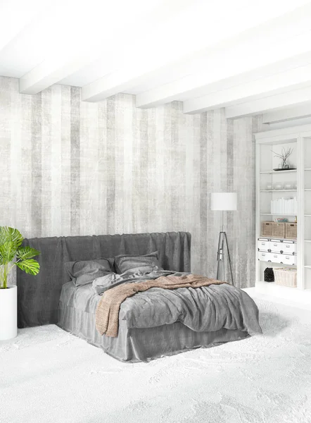 Camera da letto bianca dallo stile minimale Interior design con parete in legno e divano grigio. Rendering 3D. Illustrazione 3D — Foto Stock