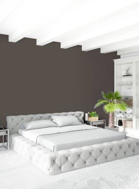 Beyaz yatak odası en az stil iç tasarım ahşap duvar ve gri Kanepeli. 3D render. 3D çizim