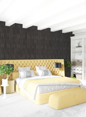 Beyaz yatak odası en az stil iç tasarım ahşap duvar ve gri Kanepeli. 3D render. 3D çizim