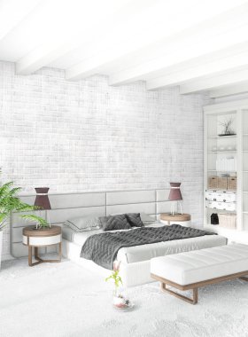 Beyaz yatak odası en az stil iç tasarım ahşap duvar ve gri Kanepeli. 3D render. 3D çizim