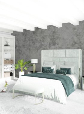 Beyaz yatak odası en az stil iç tasarım ahşap duvar ve gri Kanepeli. 3D render. 3D çizim