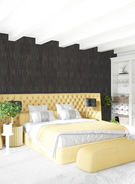 Beyaz yatak odası en az stil iç tasarım ahşap duvar ve gri Kanepeli. 3D render. 3D çizim