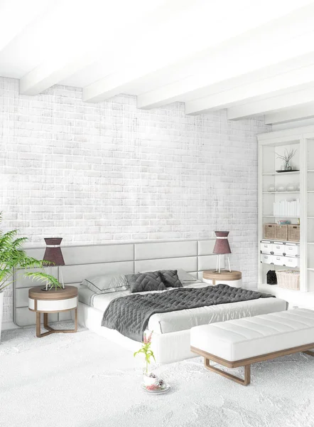 Beyaz yatak odası en az stil iç tasarım ahşap duvar ve gri Kanepeli. 3D render. 3D çizim