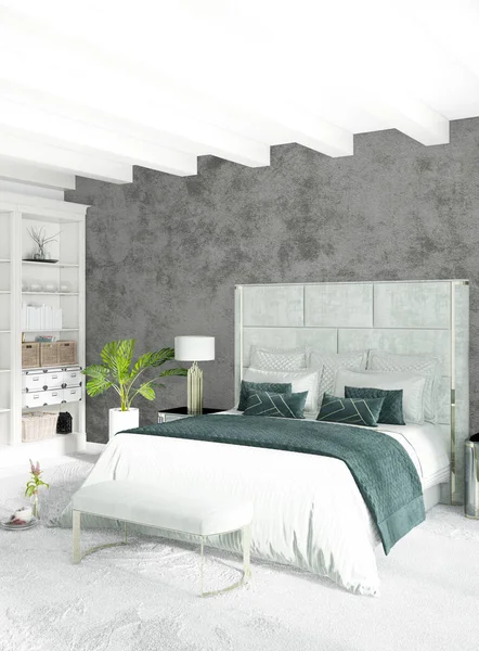 Beyaz yatak odası en az stil iç tasarım ahşap duvar ve gri Kanepeli. 3D render. 3D çizim