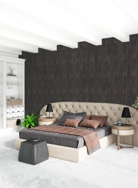 Beyaz yatak odası en az stil iç tasarım ahşap duvar ve gri Kanepeli. 3D render. 3D çizim
