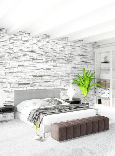 Beyaz yatak odası en az stil iç tasarım ahşap duvar ve gri Kanepeli. 3D render. 3D çizim