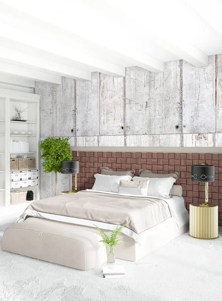 Beyaz yatak odası en az stil iç tasarım ahşap duvar ve gri Kanepeli. 3D render. 3D çizim