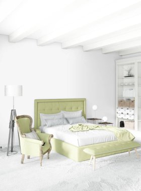 Beyaz yatak odası en az stil iç tasarım ahşap duvar ve gri Kanepeli. 3D render. 3D çizim