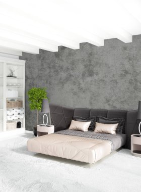 Beyaz yatak odası en az stil iç tasarım ahşap duvar ve gri Kanepeli. 3D render. 3D çizim
