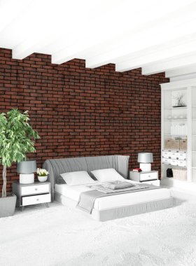 Beyaz yatak odası en az stil iç tasarım ahşap duvar ve gri Kanepeli. 3D render. 3D çizim