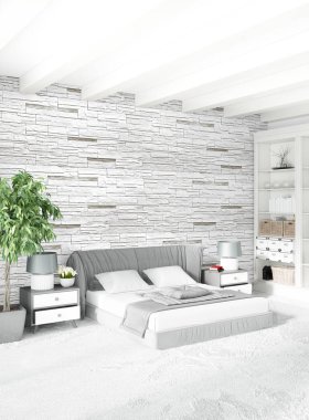 Beyaz yatak odası en az stil iç tasarım ahşap duvar ve gri Kanepeli. 3D render. 3D çizim