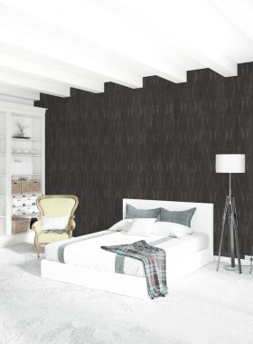 Beyaz yatak odası en az stil iç tasarım ahşap duvar ve gri Kanepeli. 3D render. 3D çizim