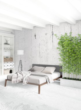 Beyaz yatak odası en az stil iç tasarım ahşap duvar ve gri Kanepeli. 3D render. 3D çizim