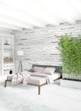 Beyaz yatak odası en az stil iç tasarım ahşap duvar ve gri Kanepeli. 3D render. 3D çizim