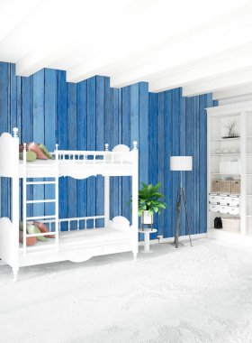 Beyaz yatak odası en az stil iç tasarım ahşap duvar ve gri Kanepeli. 3D render. 3D çizim