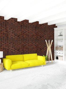 Beyaz yatak odası en az stil iç tasarım ahşap duvar ve gri Kanepeli. 3D render. 3D çizim