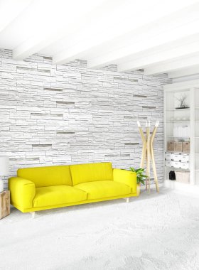 Beyaz yatak odası en az stil iç tasarım ahşap duvar ve gri Kanepeli. 3D render. 3D çizim