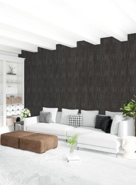 Beyaz yatak odası en az stil iç tasarım ahşap duvar ve gri Kanepeli. 3D render. 3D çizim