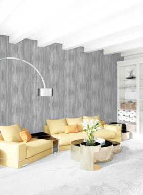 Beyaz yatak odası en az stil iç tasarım ahşap duvar ve gri Kanepeli. 3D render. 3D çizim