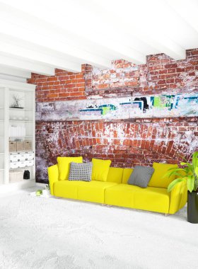 Beyaz yatak odası en az stil iç tasarım ahşap duvar ve gri Kanepeli. 3D render. 3D çizim