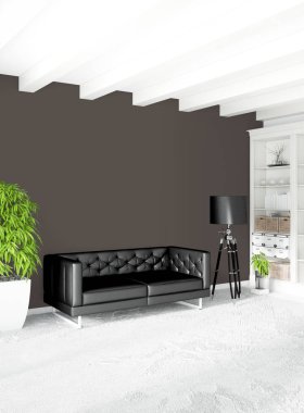 Beyaz yatak odası en az stil iç tasarım ahşap duvar ve gri Kanepeli. 3D render. 3D çizim