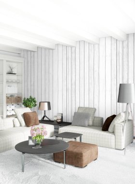 Beyaz yatak odası en az stil iç tasarım ahşap duvar ve gri Kanepeli. 3D render. 3D çizim