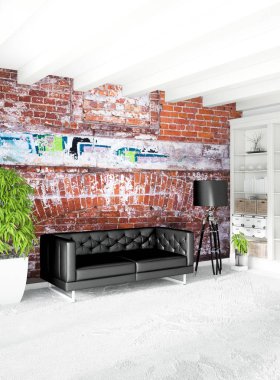 Beyaz yatak odası en az stil iç tasarım ahşap duvar ve gri Kanepeli. 3D render. 3D çizim