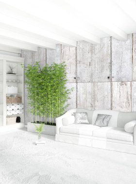 Beyaz yatak odası en az stil iç tasarım ahşap duvar ve gri Kanepeli. 3D render. 3D çizim