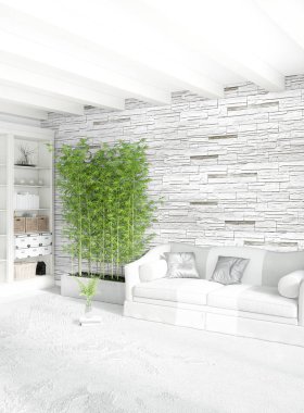 Beyaz yatak odası en az stil iç tasarım ahşap duvar ve gri Kanepeli. 3D render. 3D çizim