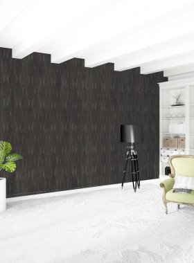 Beyaz yatak odası en az stil iç tasarım ahşap duvar ve gri Kanepeli. 3D render. 3D çizim