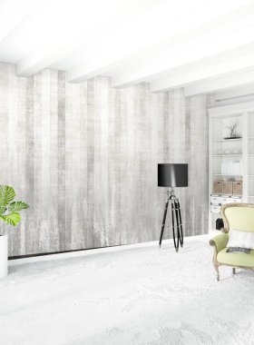 Beyaz yatak odası en az stil iç tasarım ahşap duvar ve gri Kanepeli. 3D render. 3D çizim