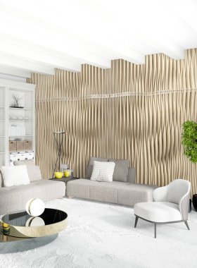 Beyaz yatak odası en az stil iç tasarım ahşap duvar ve gri Kanepeli. 3D render. 3D çizim