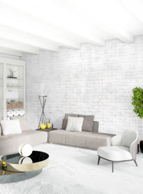 Beyaz yatak odası en az stil iç tasarım ahşap duvar ve gri Kanepeli. 3D render. 3D çizim