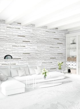 Beyaz yatak odası en az stil iç tasarım ahşap duvar ve gri Kanepeli. 3D render. 3D çizim