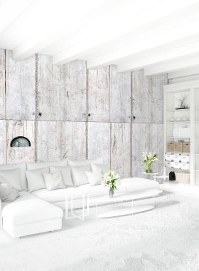 Beyaz yatak odası en az stil iç tasarım ahşap duvar ve gri Kanepeli. 3D render. 3D çizim