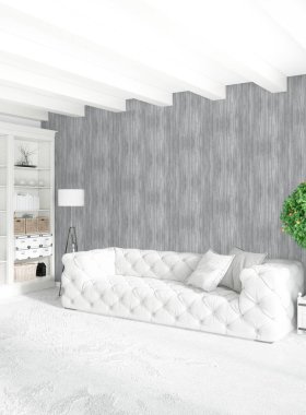 Beyaz yatak odası en az stil iç tasarım ahşap duvar ve gri Kanepeli. 3D render. 3D çizim