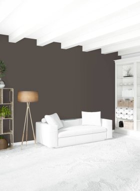 Beyaz yatak odası en az stil iç tasarım ahşap duvar ve gri Kanepeli. 3D render. 3D çizim